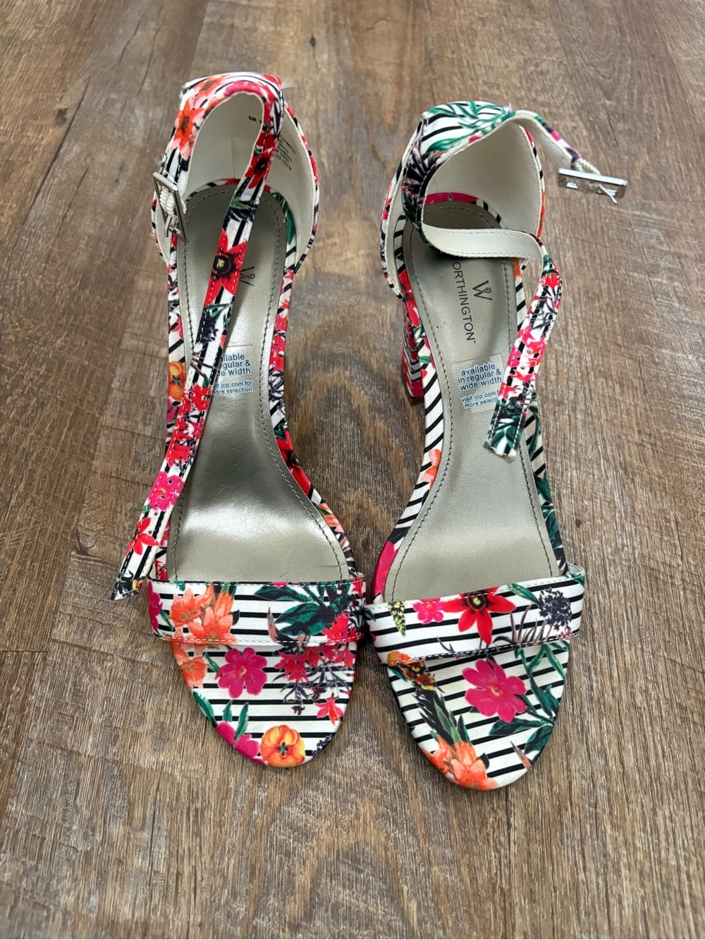 Worthington Floral Strappy Ankle Buckle Heels in Multi-Color